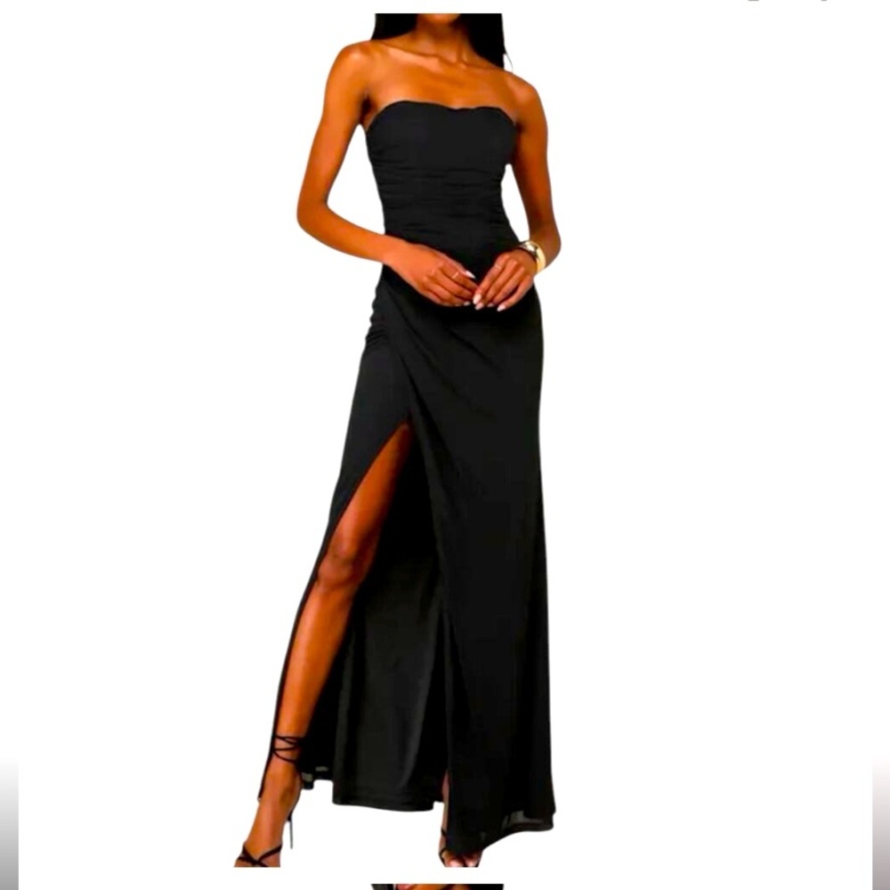 Lulus Epitome of Allure Black Strapless Ruched Maxi Dress .Sexy high side slit💃🏼